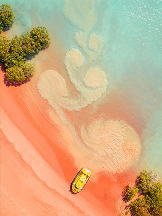 An Aerial Drone Photo of the Broome Hovercraft, Roebuck Bay, Western Australia. Available as a Fine Art Framed Photo Print.
