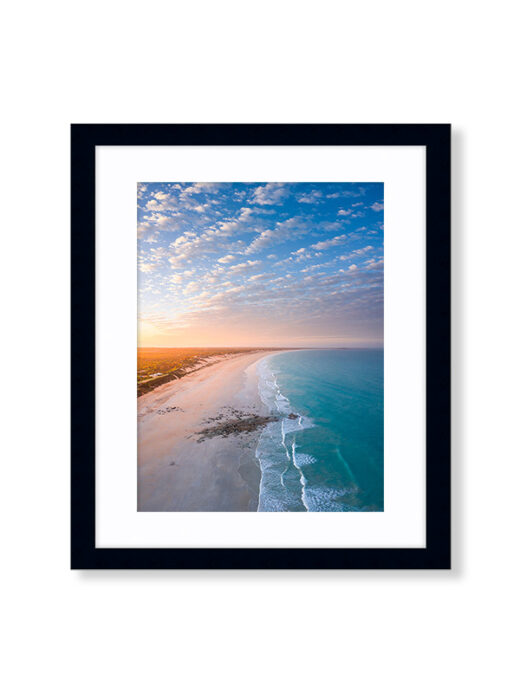 An Aerial Drone Photo of Sunrise at Cable Beach in Broome Western Australia. Available to buy as a fine art framed photo Print.