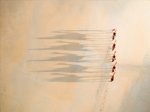 A drone photo birds eye view captuing the long chadows of the cable beach camels during sunset in broome fine art framed or canvas print.