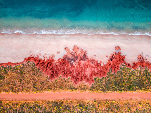 an aerial drone photo of James Price Point on the dampier peninsula at sunrise available buy as a fine art photo print framed or canvas.