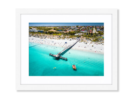 An aerial drone photo of Coogee Beach Jetty in South Fremantle, Perth, Western Australia. Buy now as a fine art framed or canvas print with shipping worldwide.