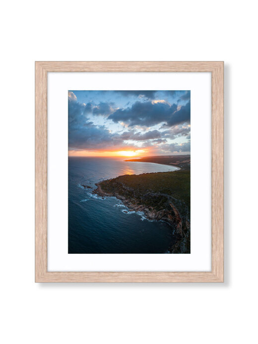 An Aerial Drone Photo of Sunrise at Bunker Bay in Margaret River. Available as a fine art framed photo print.
