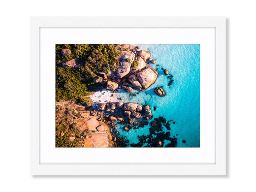 An Aerial Drone Photo of Sunset at Thistle Cove in Cape Le Grand national Park Esperance Western Australia. Available as a fine art framed photo print.