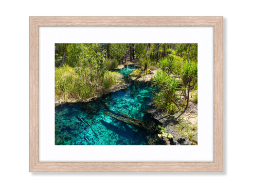 An Aerial Drone Photo of Bitter Springs in Mataranka, Northern Territory. Available as a Fine Art Framed Photo Print.