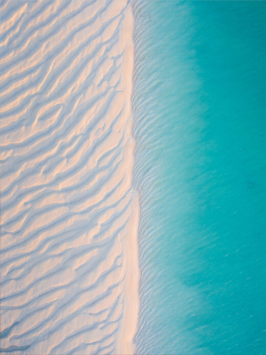Willie Creek Drone Photo at Sunrise in Broome. Blue water white sand. Western Australia. Framed print.
